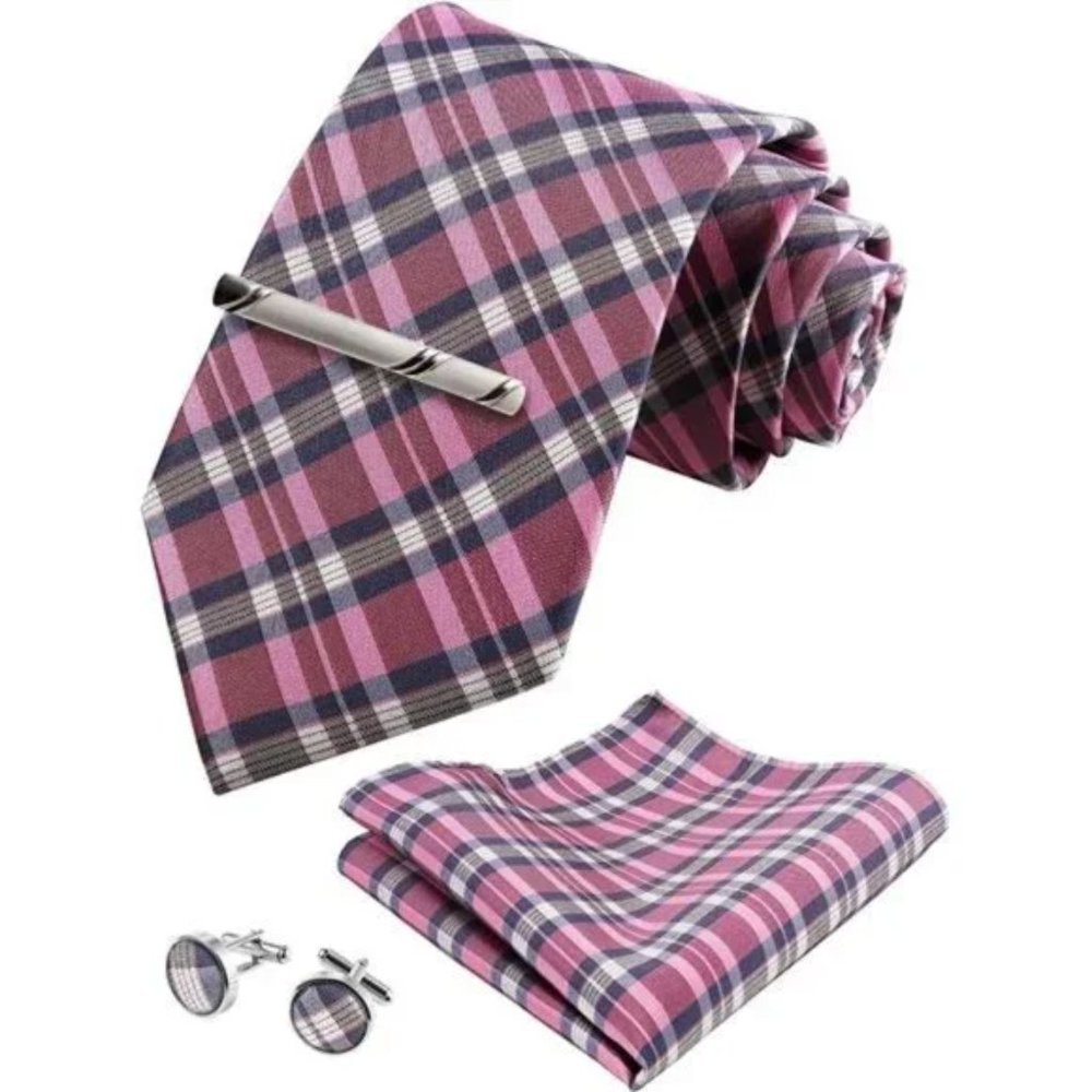 Mens Ties Set in Gift Box/ Plaid Pink Checkered Tie Set Gift for Men